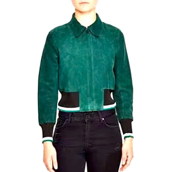 SANDRO Green Lamb Leather Suede Bomber Jacket Sz 8 US - Picture 1 of 16